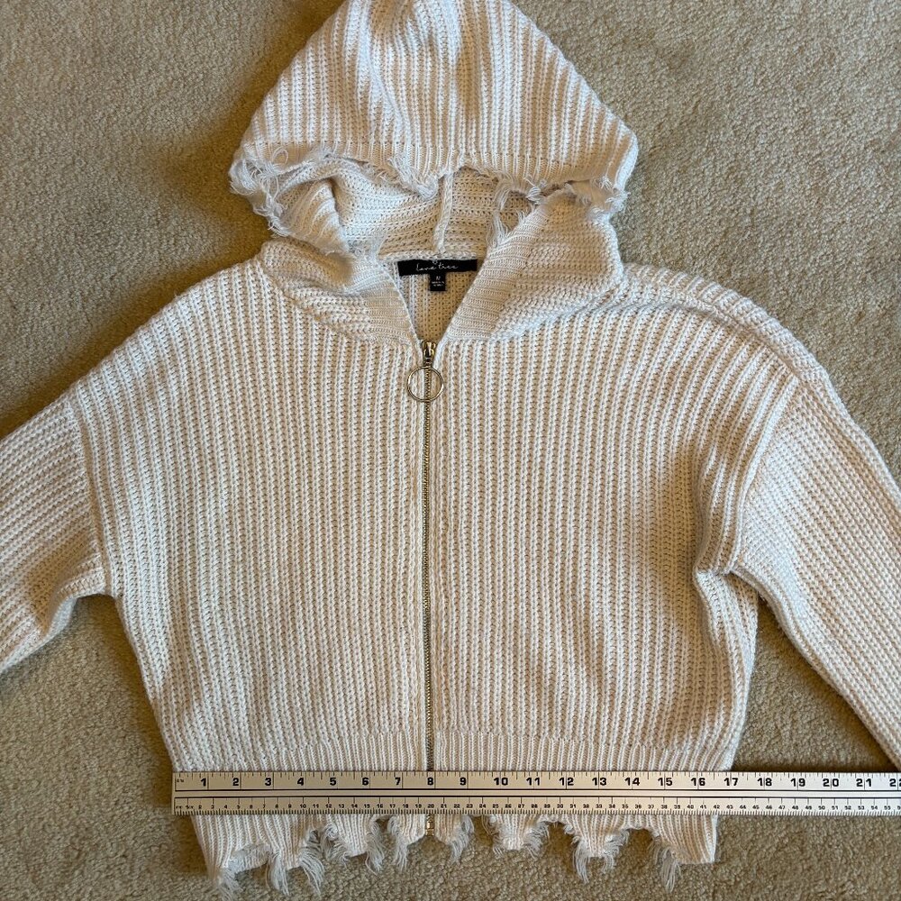 Love Tree Distressed Acrylic Crop Knit Hoodie in White - Picture 8 of 9